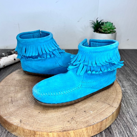 *Minnetonka | 244062 Kids' Double Fringe Side Zip Blue Boots Size 13 Toddler - Picture 3 of 16